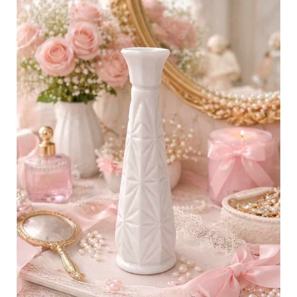 vintage Hoosier milk glass bud vase starburst pattern bud vase cottage coquette